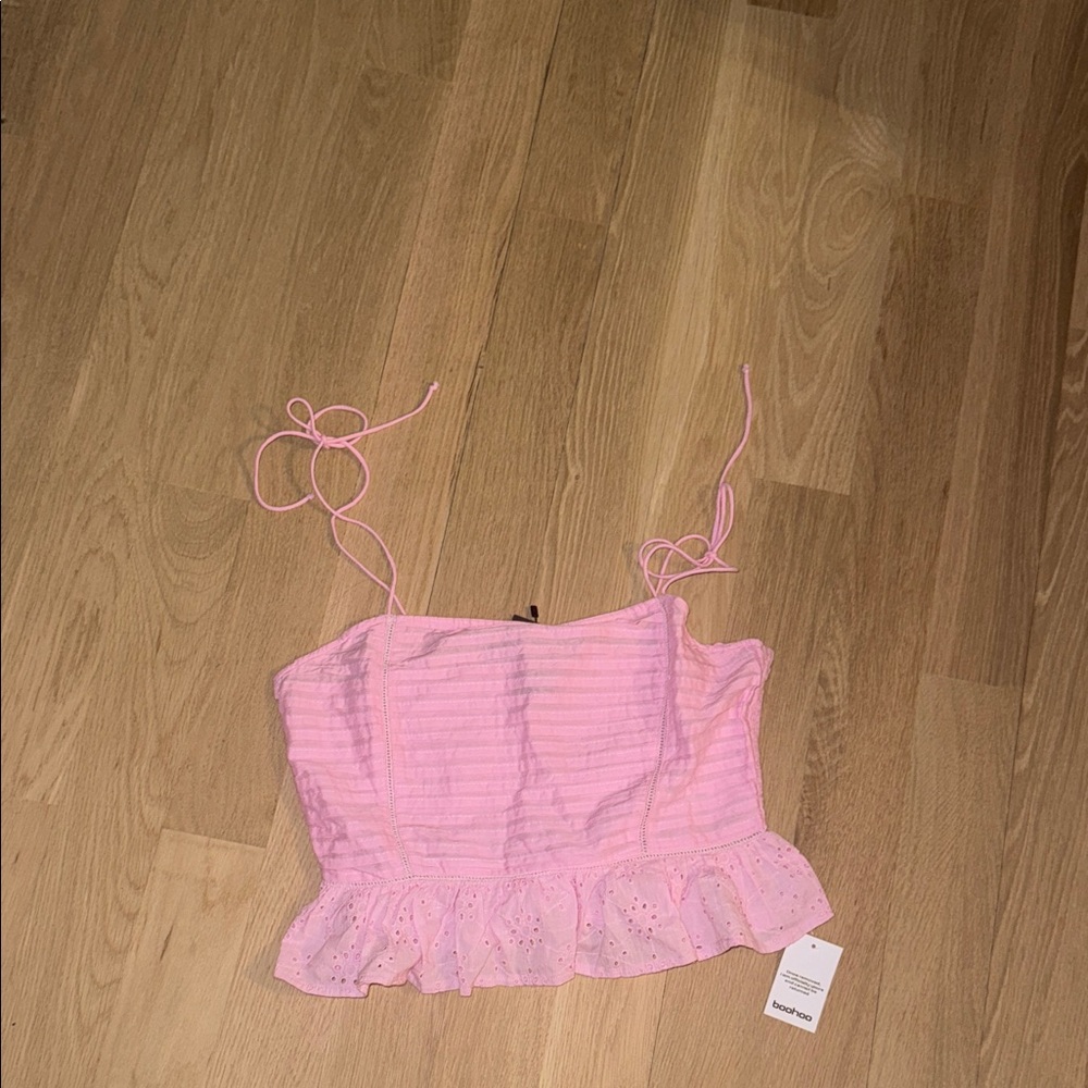 Boohoo Pink Eyelet Ruffle Tie-Shoulder Crop Top